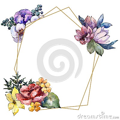 Watercolor colorful bouquet flower. Floral botanical flower. Frame border ornament square. Stock Photo