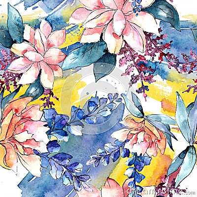 Watercolor colorful bouquet flower. Floral botanical flower. Seamless background pattern. Stock Photo