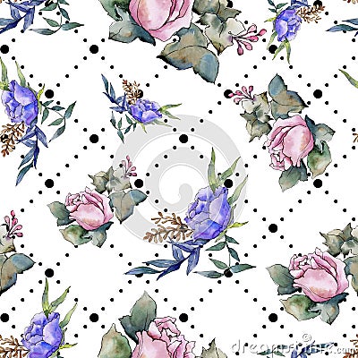 Watercolor colorful bouquet of mix flowers. Floral botanical flower. Seamless background pattern. Stock Photo