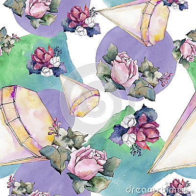 Watercolor colorful bouquet of mix flowers. Floral botanical flower. Seamless background pattern. Stock Photo