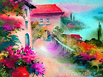 Watercolor colorful bright textured abstract background handmade . Mediterranean landscape . Painting of architecture of town Stock Photo