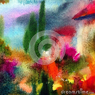 Watercolor colorful bright textured abstract background handmade . Mediterranean landscape . Painting of seaside town Stock Photo