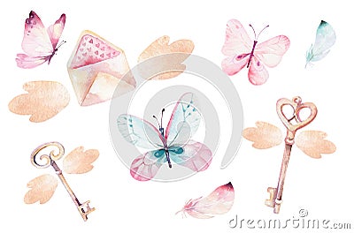 Watercolor colorful butterflies, isolated on white background. blue, yellow, pink and red butterfly illustration. Cartoon Illustration