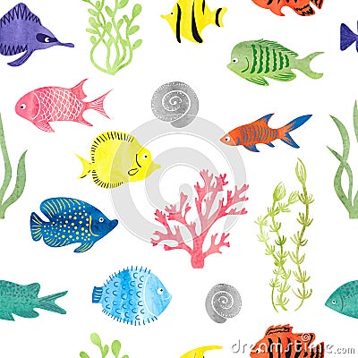 Watercolor colorful fish seamless pattern. Vector Illustration