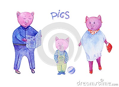 Watercolor colorful illustration about pig family. Hand drawn art with character desigh pigs and text Cartoon Illustration