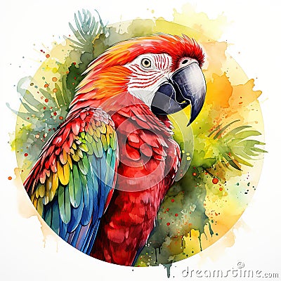 Watercolor colorful parrots on white. Generative AI Stock Photo