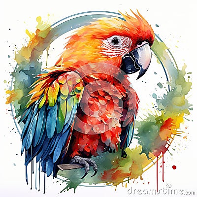 Watercolor colorful parrots on white. Generative AI Stock Photo