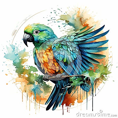 Watercolor colorful parrots on white. Generative AI Stock Photo