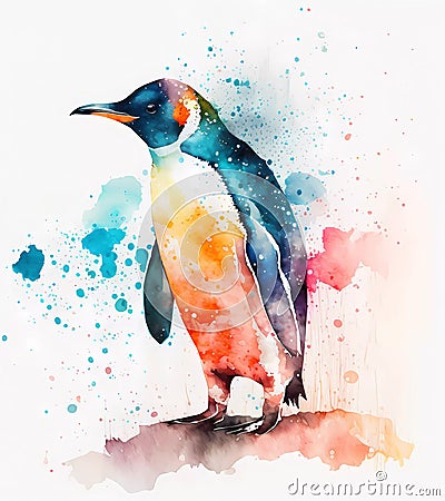 Watercolor colorful penguin painting on white background. Realistic bird illustration. Created with Generative AI Cartoon Illustration