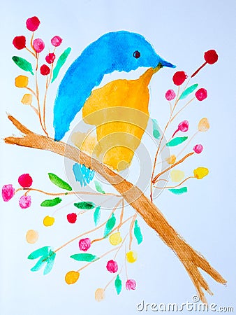 Watercolor colorful tiny cute bird standing alone on treee with flower Stock Photo