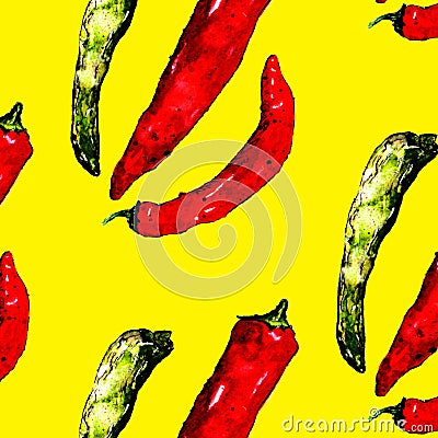 Watercolor colorful vegetables set red hot chili peppers, capsaicin closeup isolated on yellow background pattern Cartoon Illustration