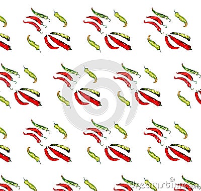 Watercolor colorful vegetables set red hot chili peppers, capsaicin closeup isolated on white background pattern Cartoon Illustration
