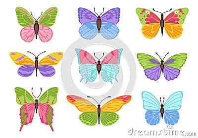 Watercolor colors butterflies isolated on white background. Pretty vector butterfly set with spring palette for child. Vector Illustration