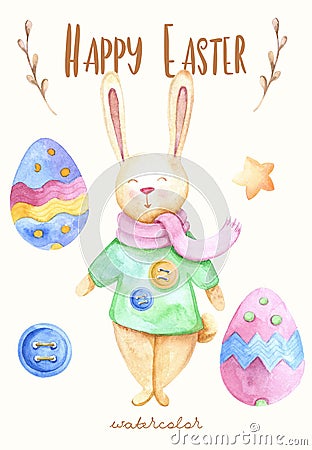 Watercolor coloured easter eggs, stars, button and rabbit Stock Photo