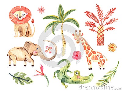 Watercolor composition with African animals and natural elements. Lion, elephant, alligator, giraffe, palm trees, flowers. Safari Cartoon Illustration