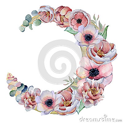 Watercolor composition with anemone flowers bouquet in a shape of the moon Cartoon Illustration