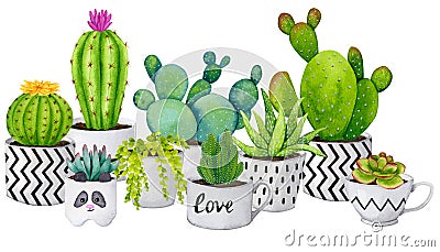 Watercolor composition of cacti and succulents in ceramic pots. Colorful hand drawn border Stock Photo