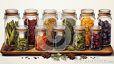 watercolor composition featuring an array of colorful spices and herbs in small jars Stock Photo