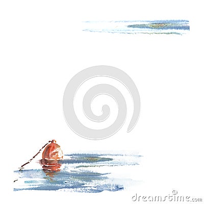 Watercolor composition frame red buoy at sea Hand painted postcard on white background with frame. Cartoon Illustration