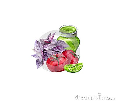 Watercolor composition of green sauce and vegetable ingredients: tomatoes, lime and Basil isolated on a white background. Colorful Cartoon Illustration