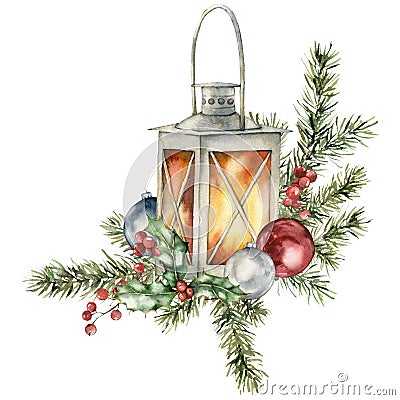 Watercolor composition of lantern, Christmas tree toys and spruce branches. Hand painted holiday card of flower and Stock Photo