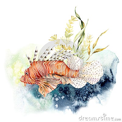 Watercolor composition of lionfish and kelp. Hand painted underwater illustration with coral reef and laminaria isolated Cartoon Illustration