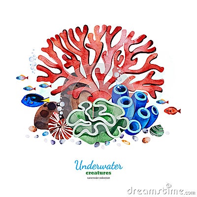 Watercolor composition with multicolored corals,seashells,seaweeds and tropical fish. Stock Photo