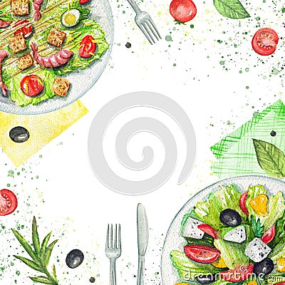 Watercolor composition with salads, napkins, vegetables and tableware Cartoon Illustration