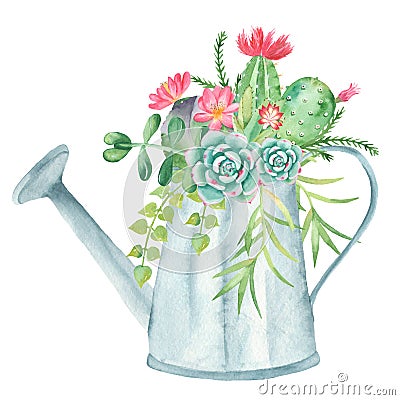 Watercolor composition with succulents, cacti and watering can. Stock Photo