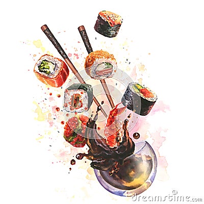 Watercolor composition with sushi, splash sause, ingredient for sushi on colorfool watrcolor background. For design Stock Photo