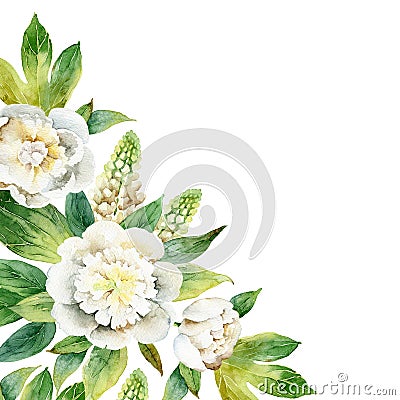 Watercolor composition with white peonies and lupine Stock Photo