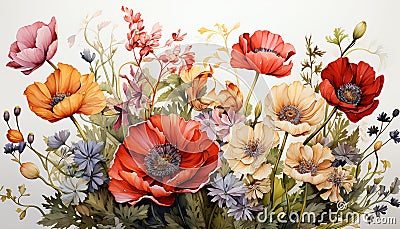 Watercolor composition of wild flowers. The bouquet consists of poppies, tulips, cornflowers and other meadow and field herbs Stock Photo