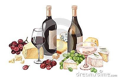 Watercolor composition wine and cheese. Bottle and wineglass, grapes and different cheese. Hand-drawn illustration Cartoon Illustration