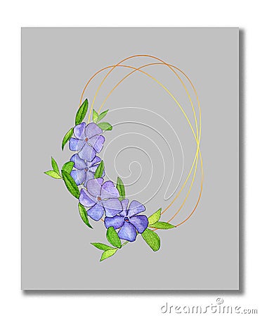 Watercolor, congratulatory spring leaflet with periwinkle flowers. Easter card with periwinkle. Blank template for Stock Photo