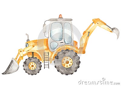 Watercolor construction machines. Backhoe loader, tractor with bucket Stock Photo