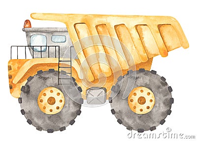 Watercolor construction machines. Dump truck, mining dump truck Stock Photo