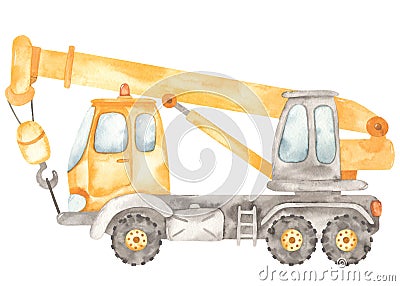 Watercolor construction machines. Truck crane Stock Photo