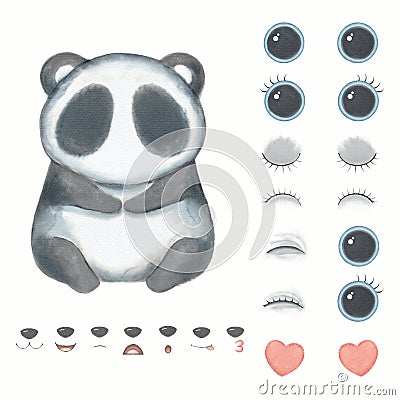 Watercolor constructor with funny bear panda and different emotions Cartoon Illustration