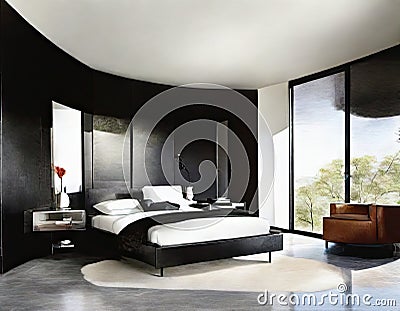Watercolor of Contemporary bedroom featuring sleek black marble and side Stock Photo
