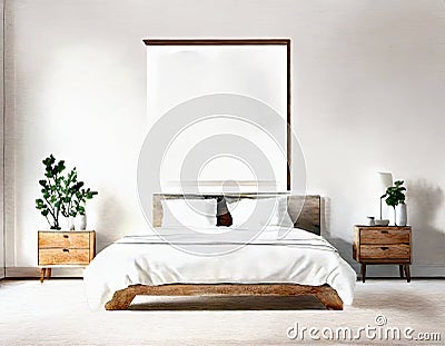 Watercolor of Contemporary bedroom with white minimalist wooden and paintings Stock Photo