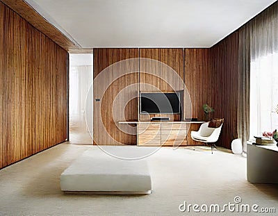 Watercolor of Contemporary bedroom with wooden wall for TV and adjoining wardrobe Stock Photo