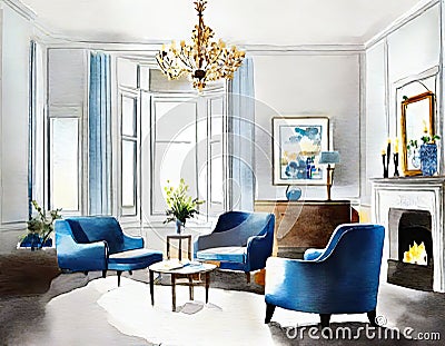 Watercolor of Contemporary elegant living room with blue Stock Photo