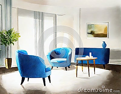 Watercolor of Contemporary elegant living room with blue Stock Photo
