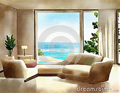 Watercolor of Contemporary elegant living room with Stock Photo