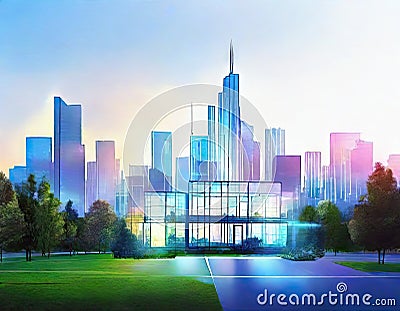 Watercolor of Contemporary house with city skyline and smart Futuristic hologram on Stock Photo