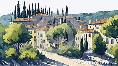 A watercolor contemporary landscape of Provence, France. Stock Photo