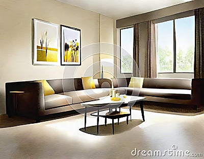 Watercolor of Contemporary living room with couch and Stock Photo