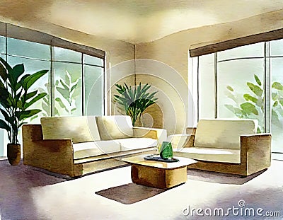 Watercolor of Contemporary lounge area with an AC Stock Photo