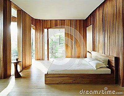 Watercolor of Contemporary wooden bedroom with modern Stock Photo