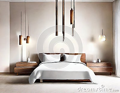 Watercolor of Contemporary wooden pendant light in spacious bedroom with wall Stock Photo